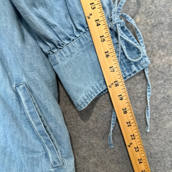 Free People Sonora Denim Mini Dress Women Medium Relaxed Babydoll Square 3/4 Tie - Picture 12 of 15